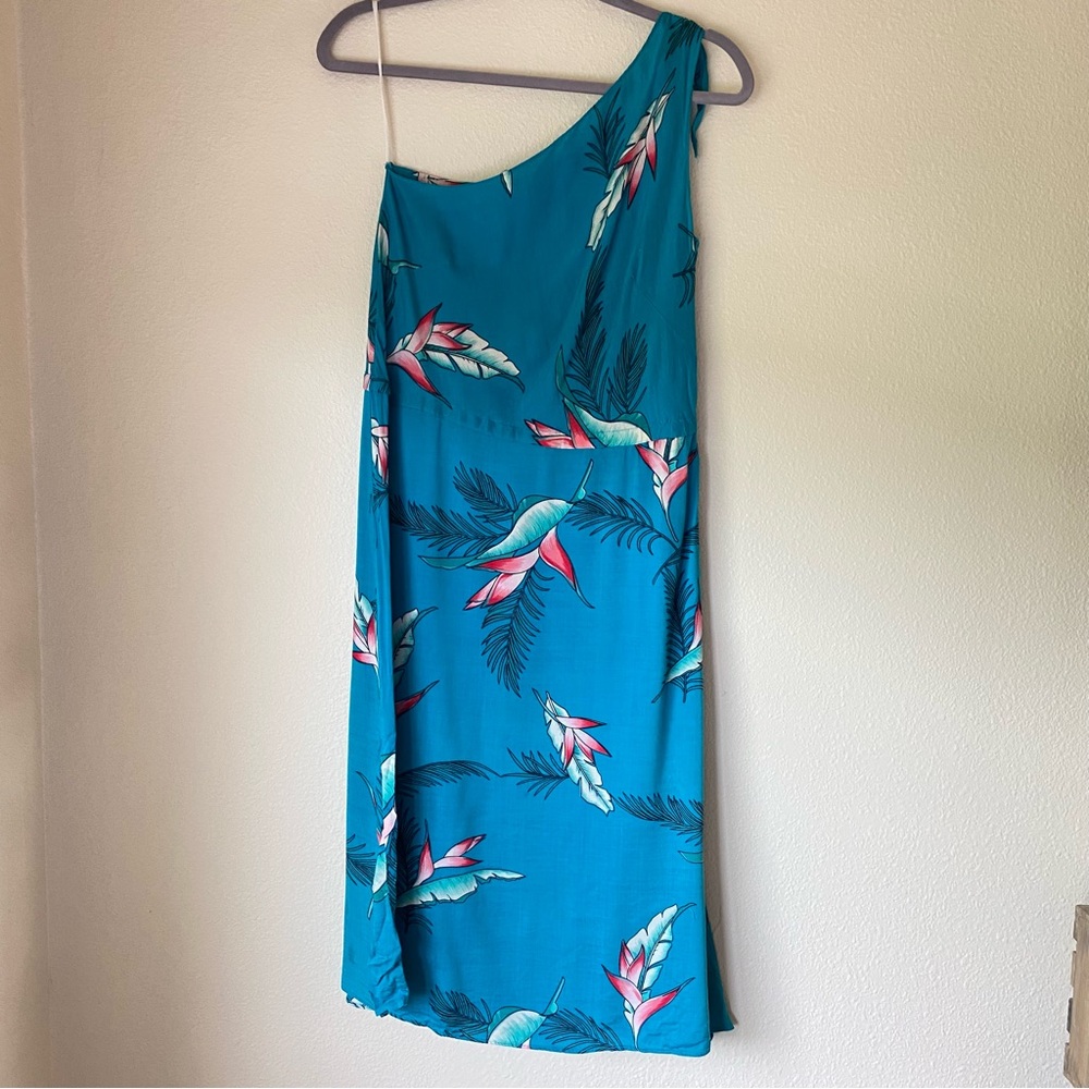 Vintage Heritage Hawaii One-Shoulder Bird of Paradise Dress, Medium, Teal Blue